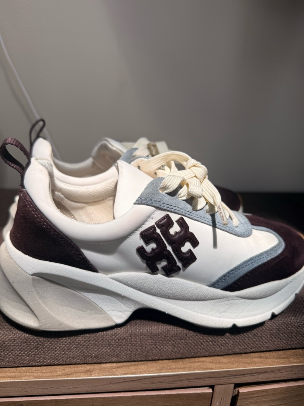 Tory Burch White & Brown Chunky Platform Sneaker